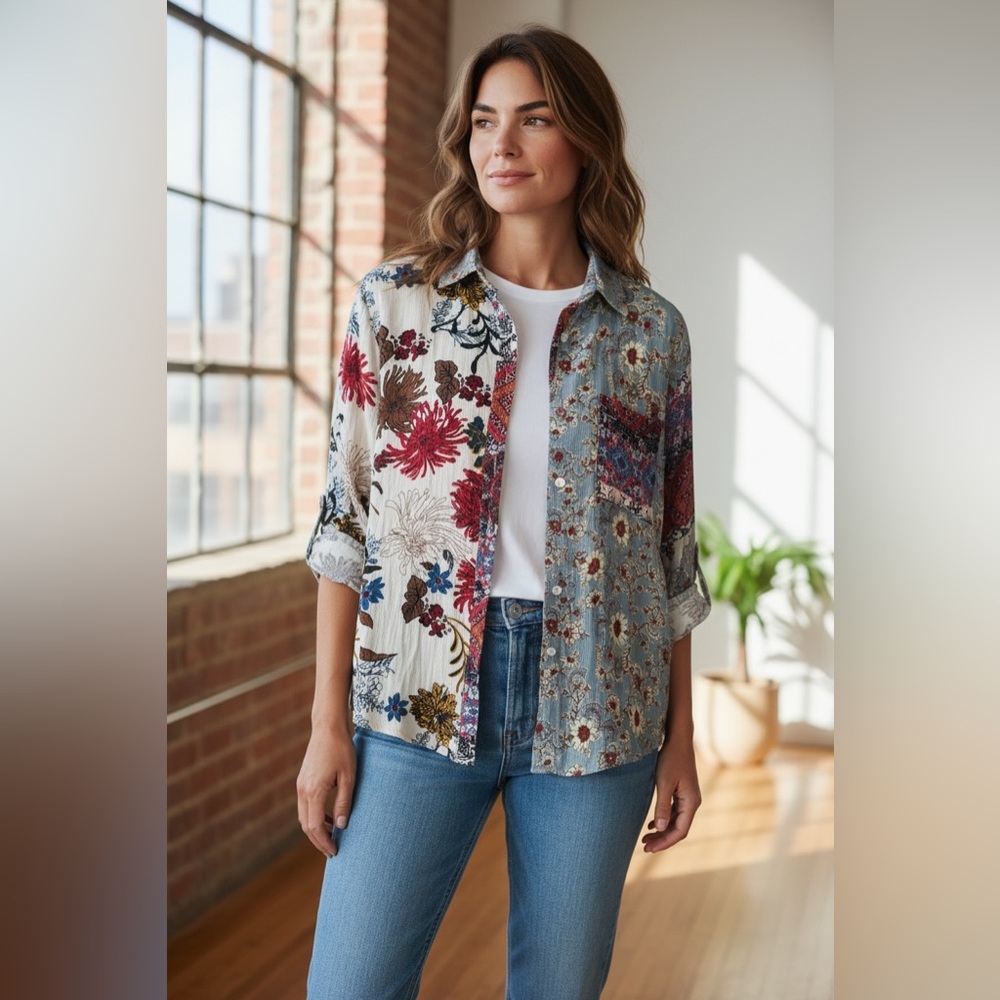 UMGEE Women’s Floral Rayon Button Down Blouse Shirt Tunic Mixed Media BOHO LG